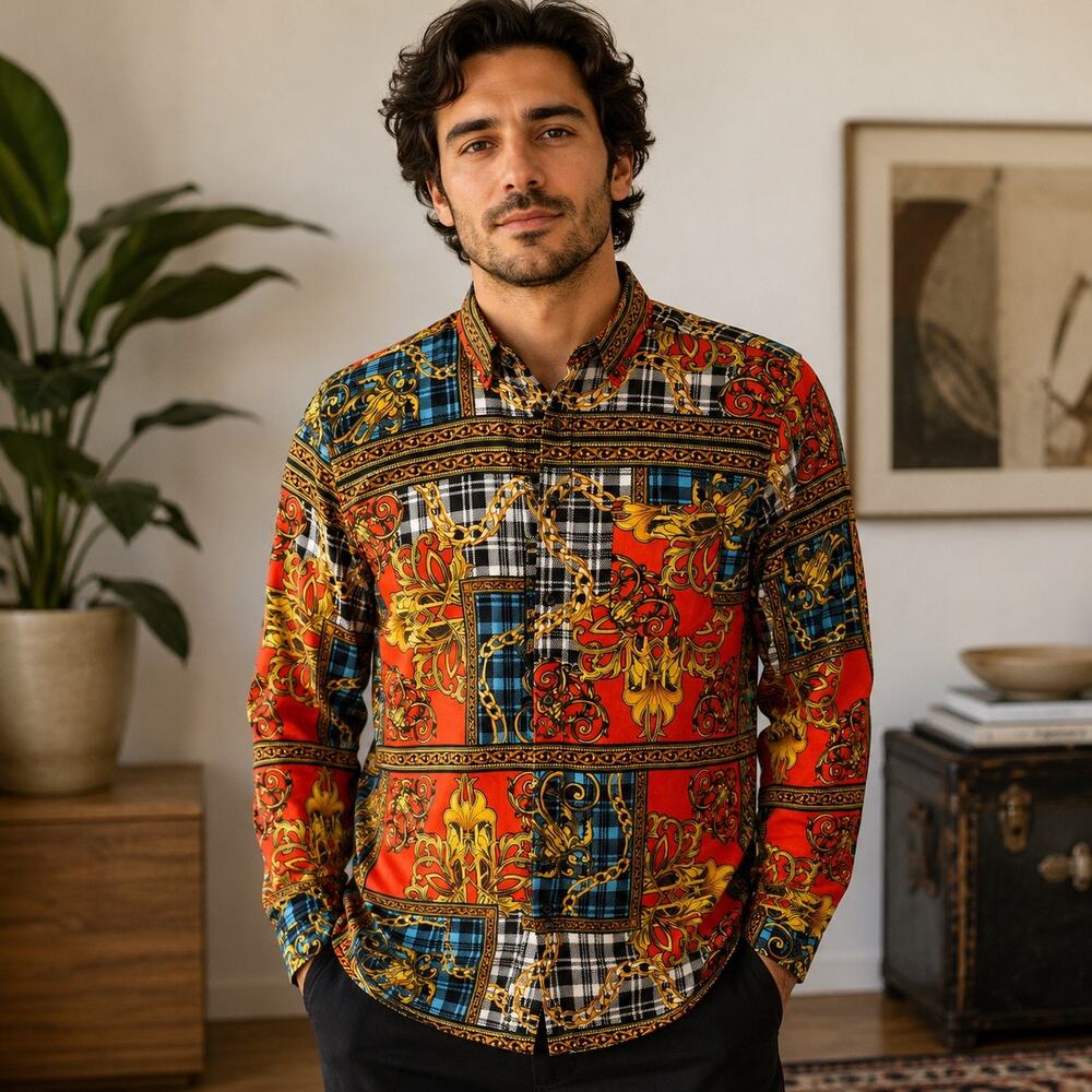Reason Men’s Large Baroque Chain Plaid Button Up Shirt Red Gold Blue